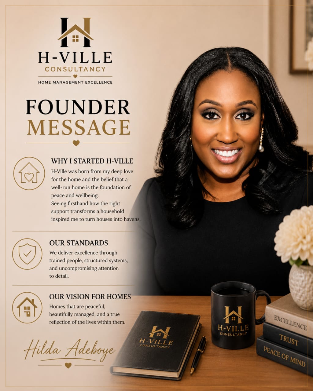 Founder message graphic for H-Ville Consultancy featuring Hilda Adeboye