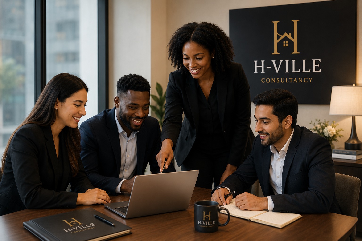 Professional consultancy team reviewing household staffing information