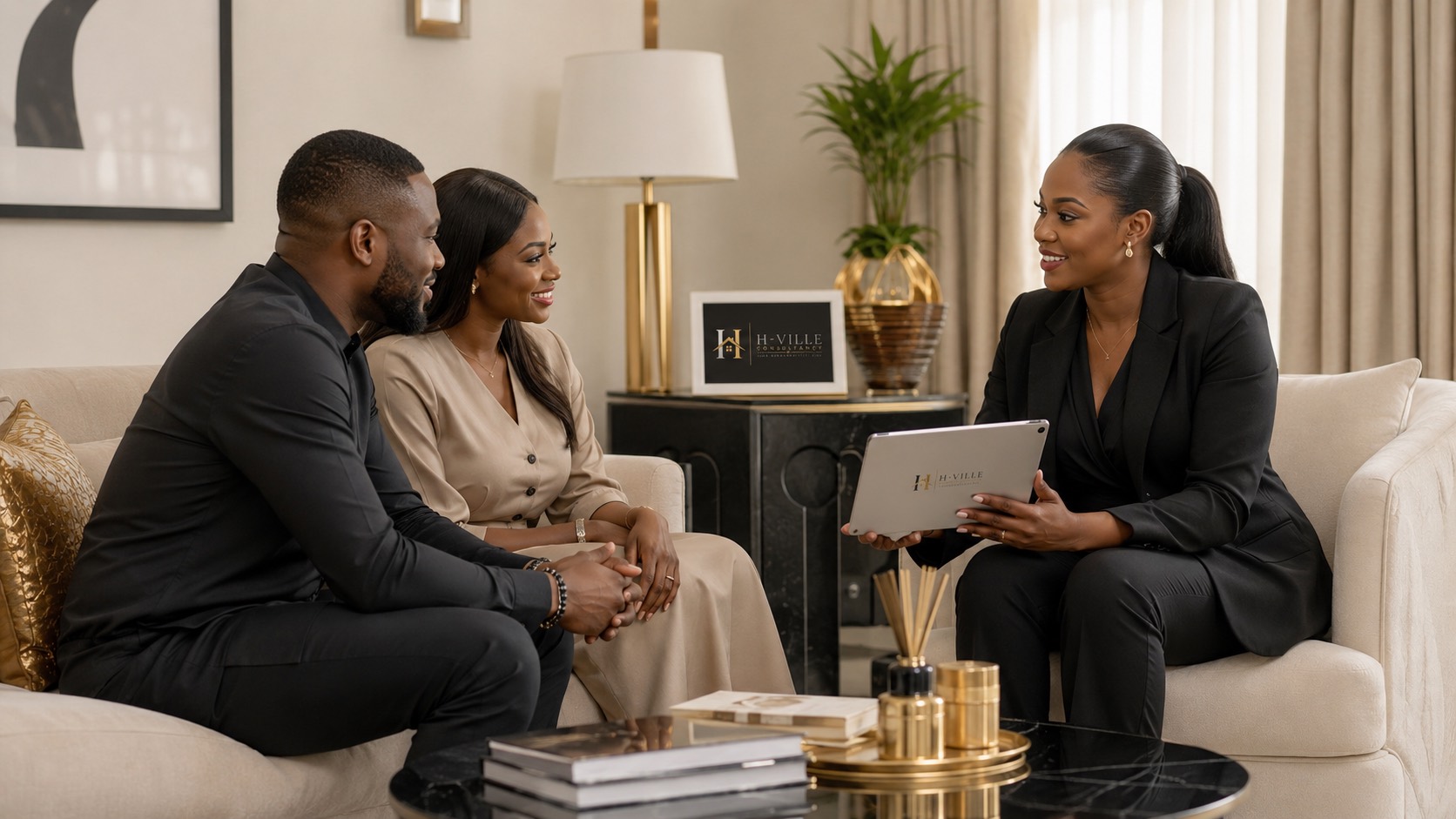 Household consultant speaking with a couple in a living room