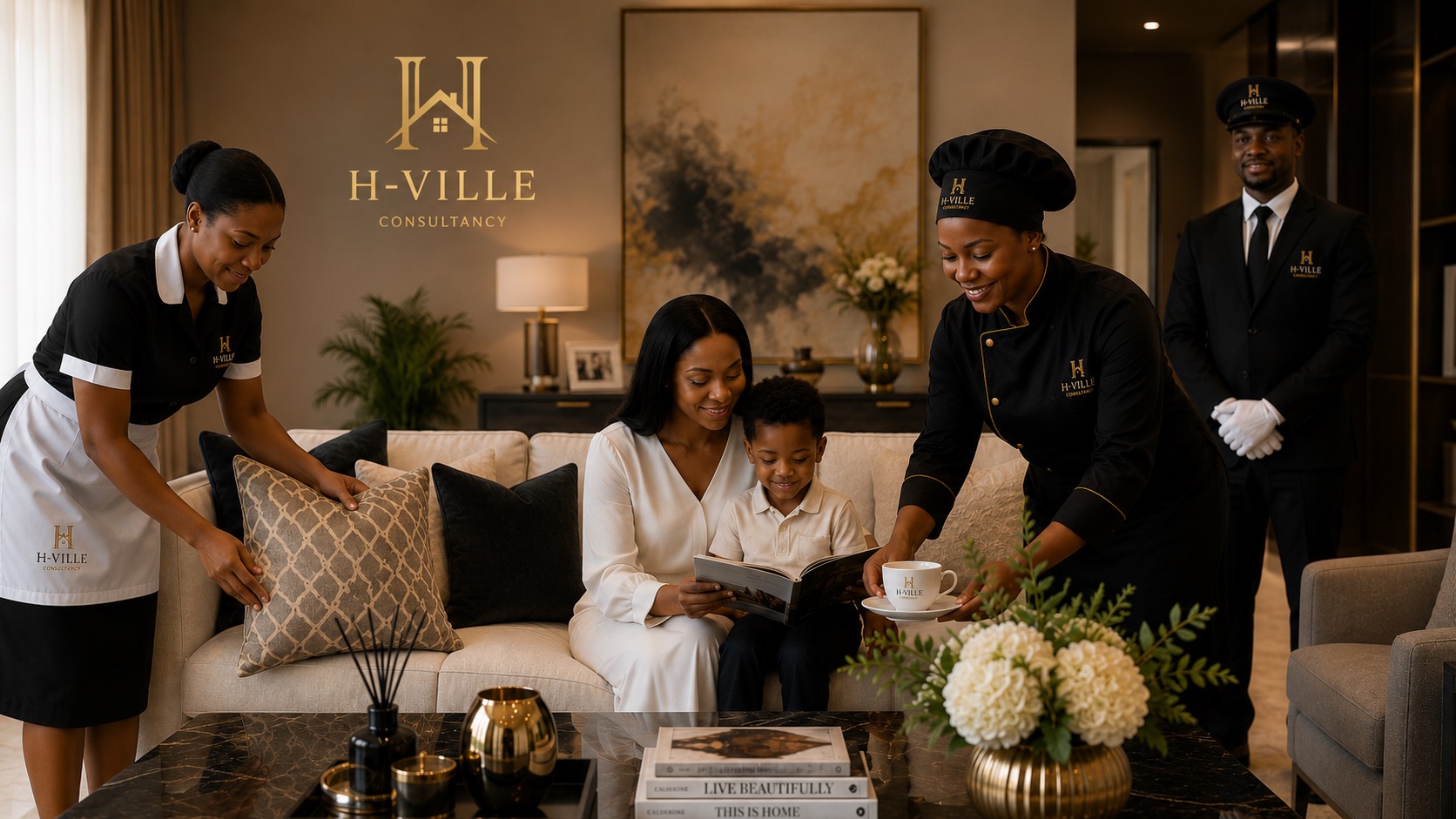 Household professionals supporting a family in a living room