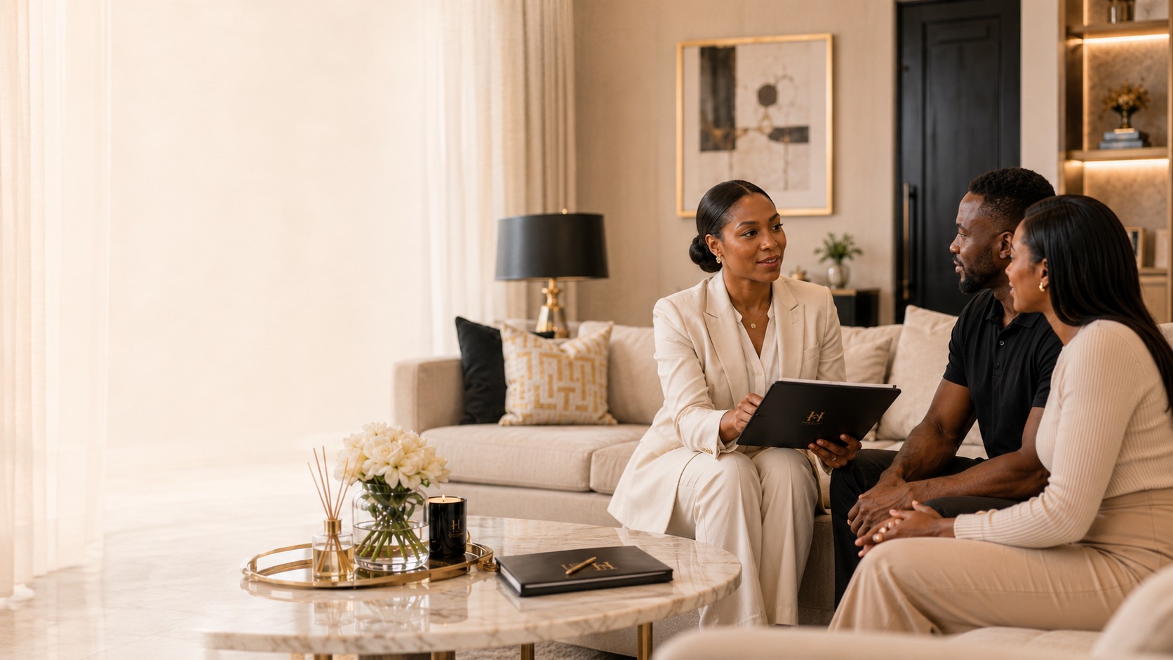 Household consultant speaking with a family in a modern living room