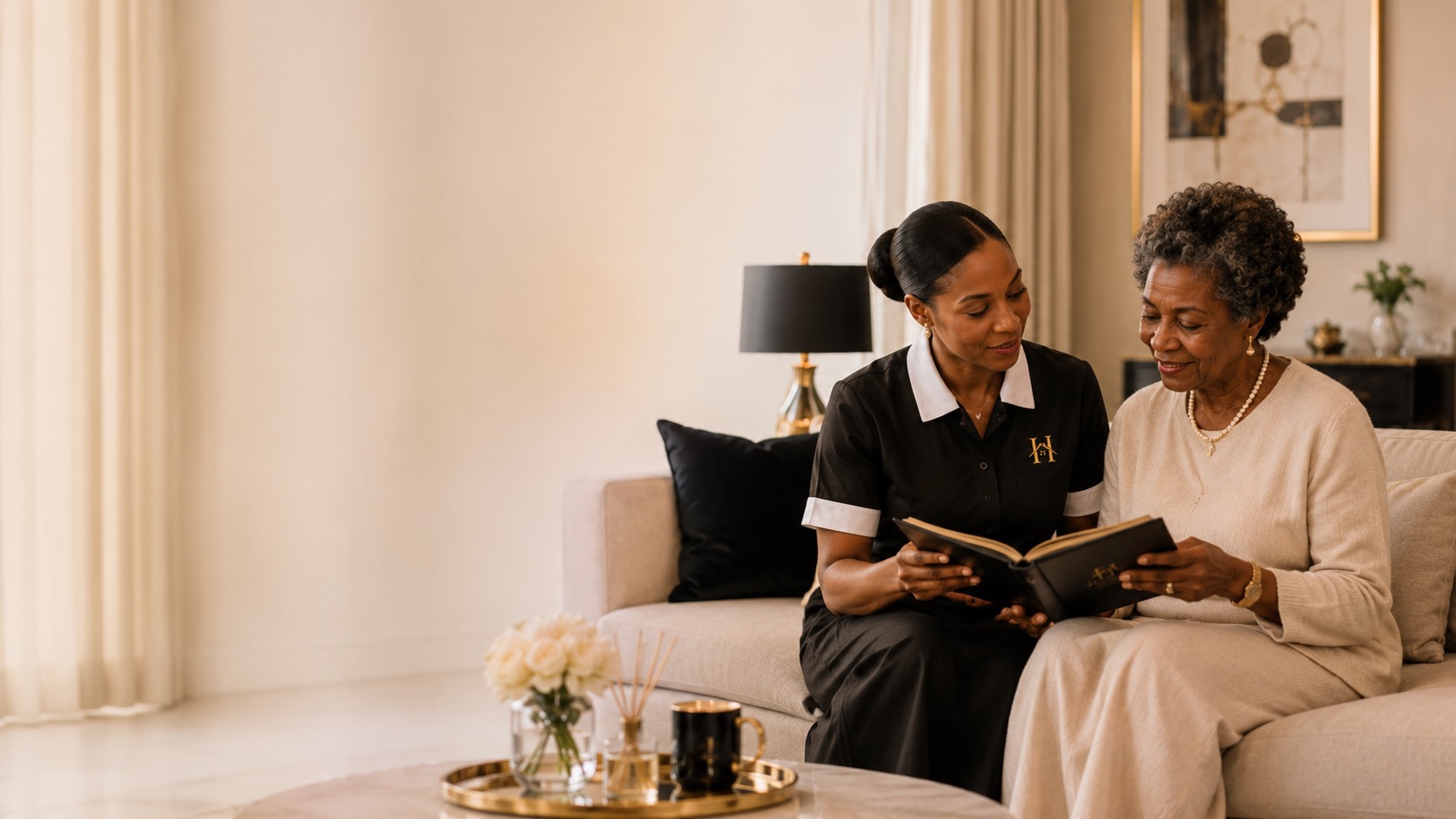 Caregiver reading with an older woman at home