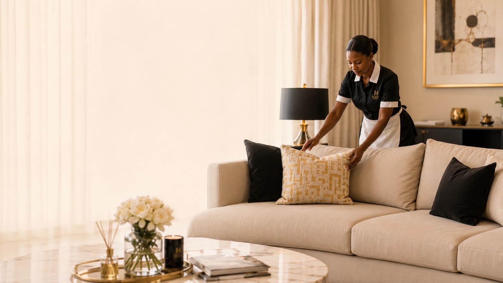 Professional housekeeper arranging cushions in a private home