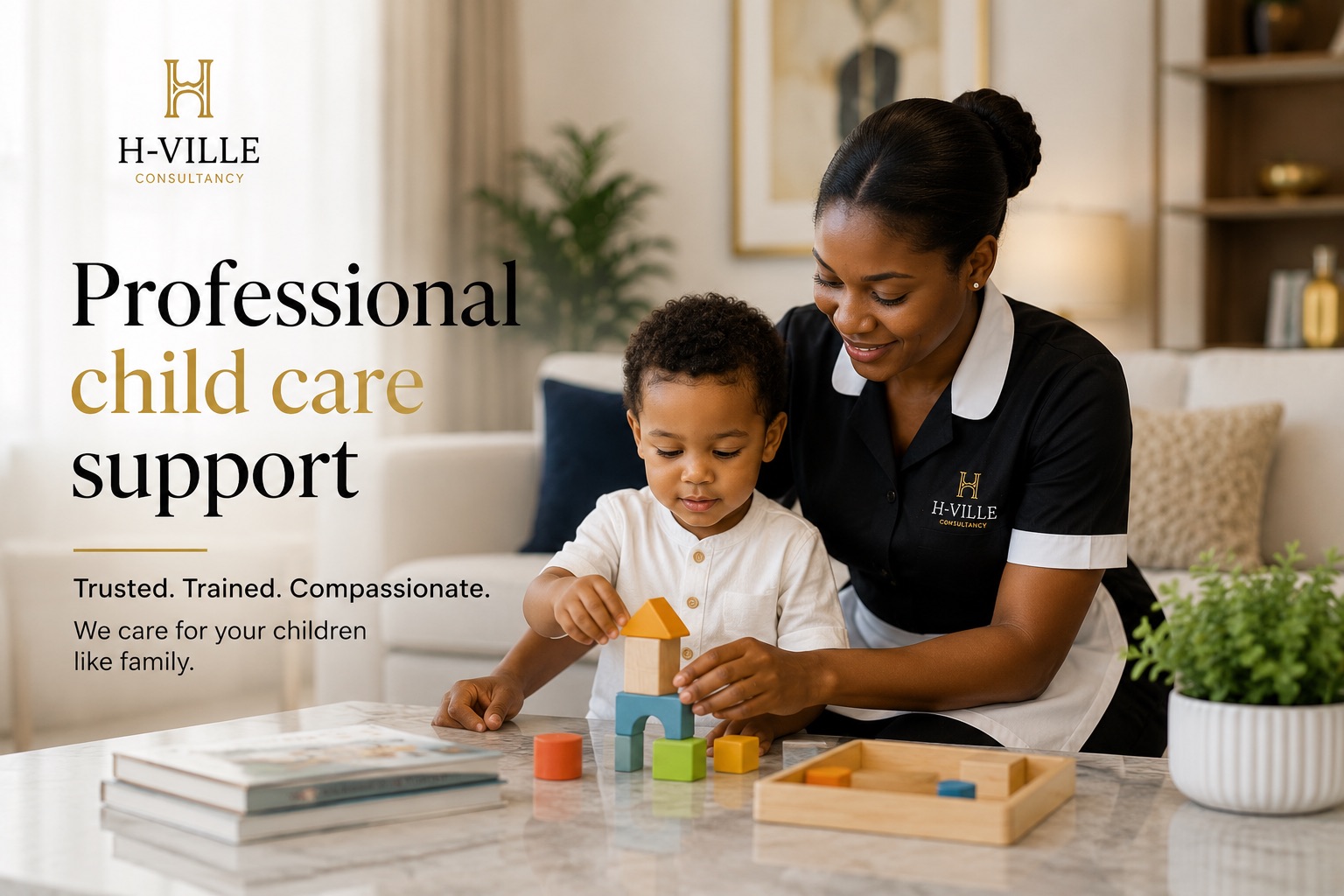 Professional H-Ville nanny providing attentive household childcare support